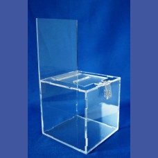 URNA VOTACION para sobremesa con cartel de 150 x 150 mm para vinilo<br>Medidas: 150 x 150 x 150 mm<br>